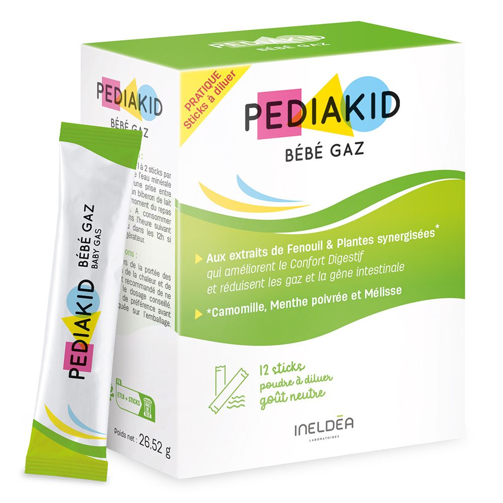 Boîte et sachet Pediakid Bébé Gaz. Sachet avec informations produit. Boîte contenant 12 sticks à diluer.
