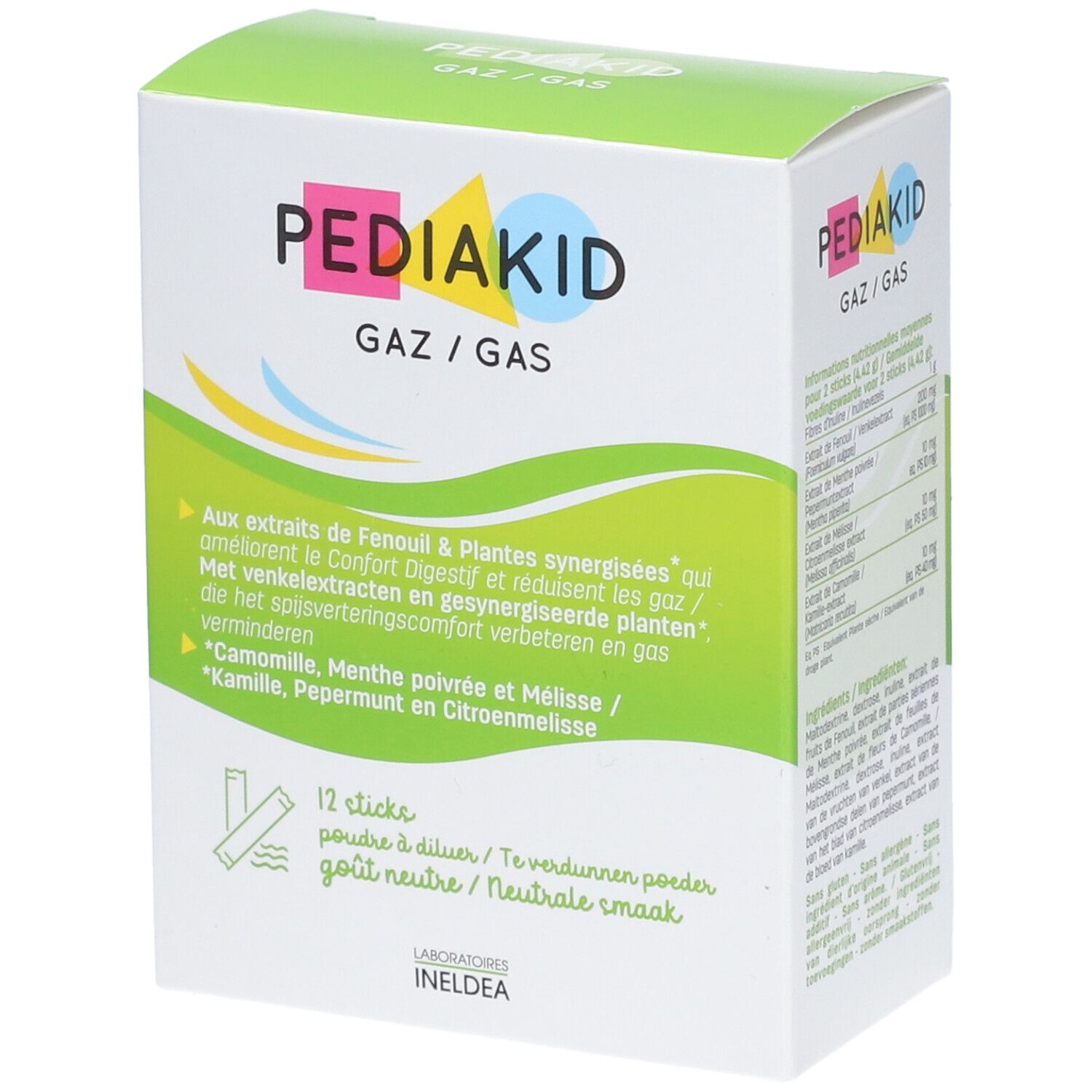 Emballage Pediakid Gaz/Gas. Texte avec informations produit et ingrédients. 12 sticks à diluer, goût neutre.