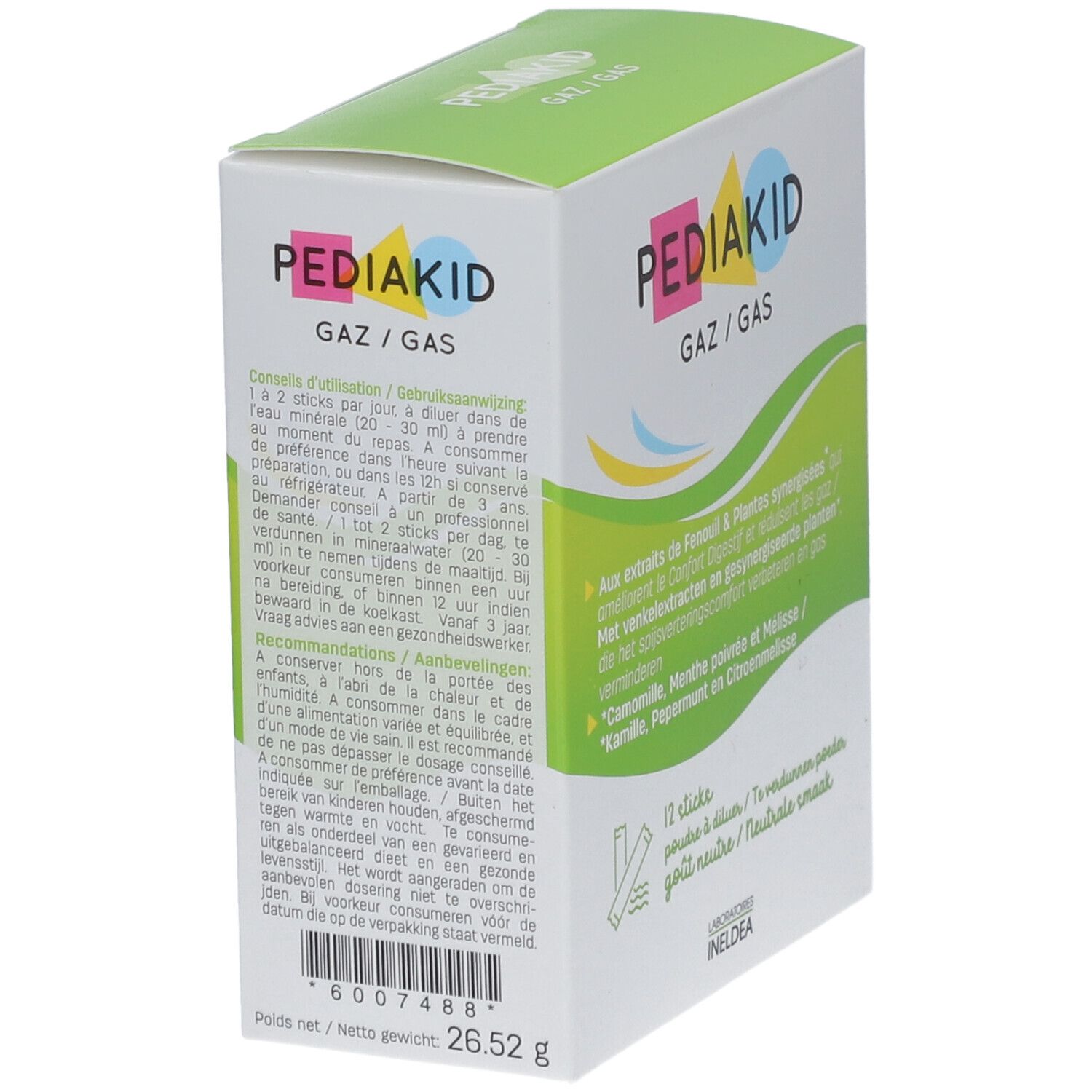 Emballage Pediakid Gaz/Gas. Texte avec conseils d'utilisation. 12 sticks à diluer. Poids net 26,52 g.