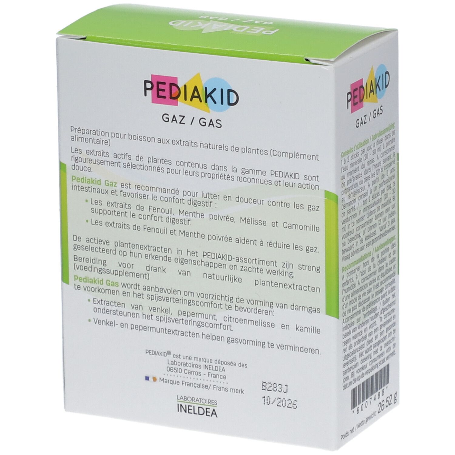 Dos de l'emballage Pediakid Gaz/Gas. Texte avec informations produit et ingrédients. Date de péremption.