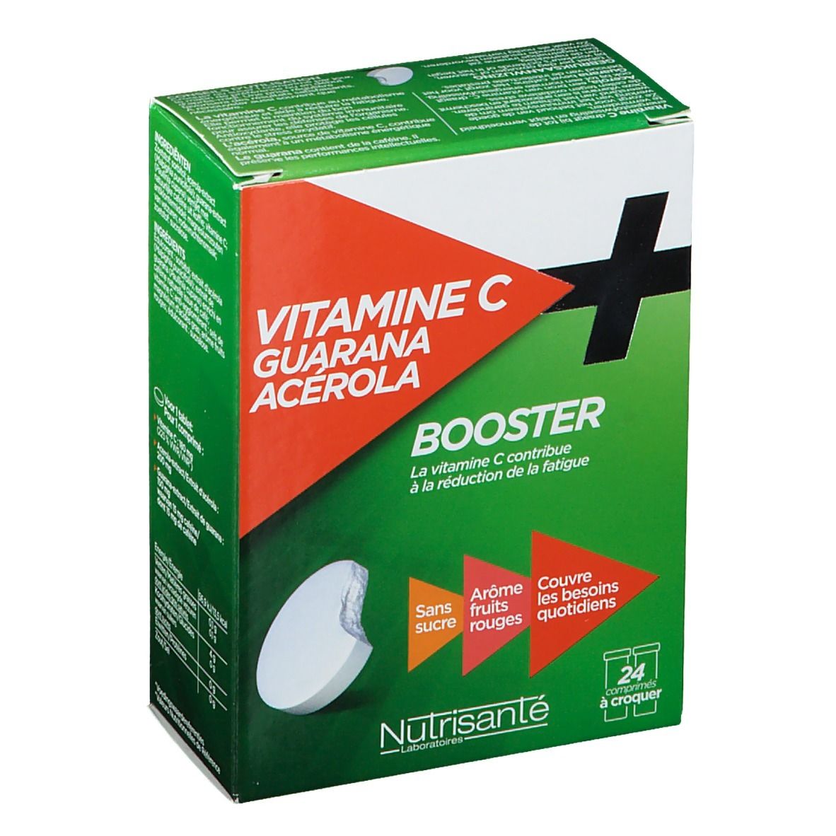 Boîte verte Vitamin C Booster. Contient 24 comprimés à croquer. Ingrédients : Vitamine C, Guarana, Acérola.