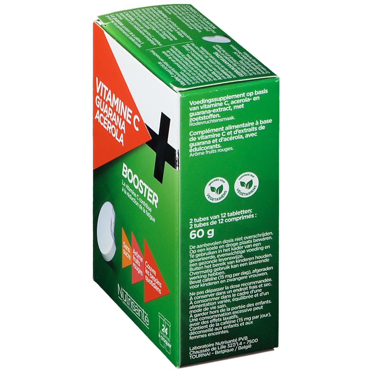 Boîte verte Vitamin C Booster. Contient 24 comprimés. Ingrédients : Vitamine C, Guarana, Acérola. Informations au dos.