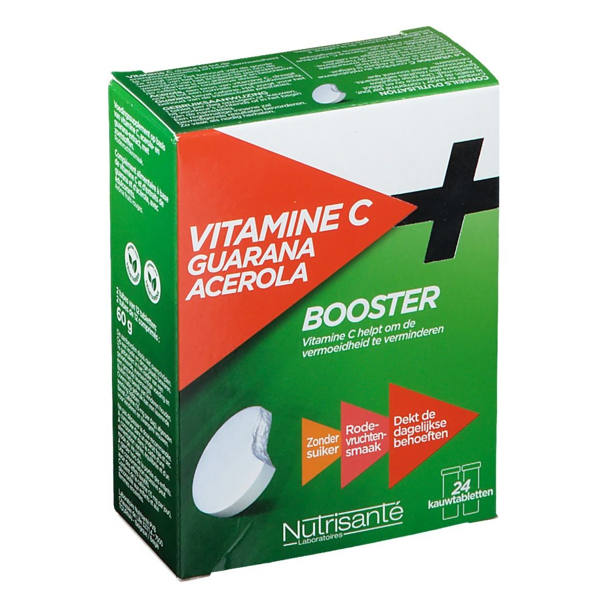 Boîte verte Vitamin C Booster. Contient 24 comprimés à croquer. Ingrédients : Vitamine C, Guarana, Acérola. 60g.