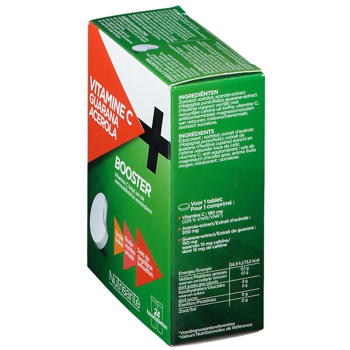 Boîte verte Vitamin C Booster. Contient 24 comprimés. Ingrédients : Vitamine C, Guarana, Acérola. Informations nutritionnelles.