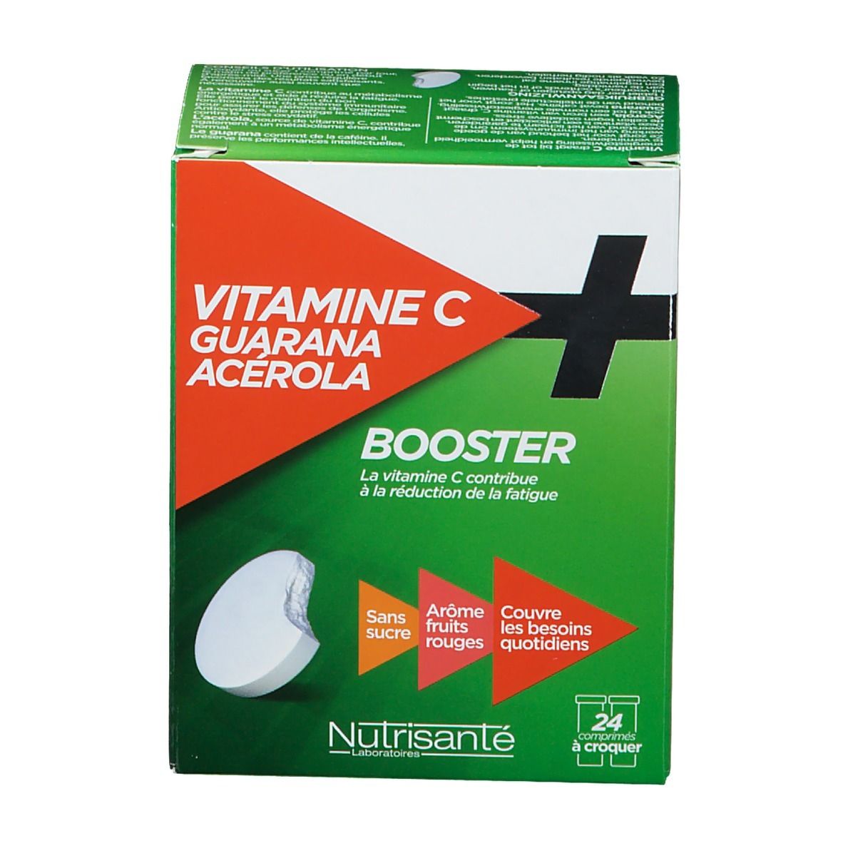Boîte verte Vitamin C Booster. Contient 24 comprimés à croquer. Ingrédients : Vitamine C, Guarana, Acérola.