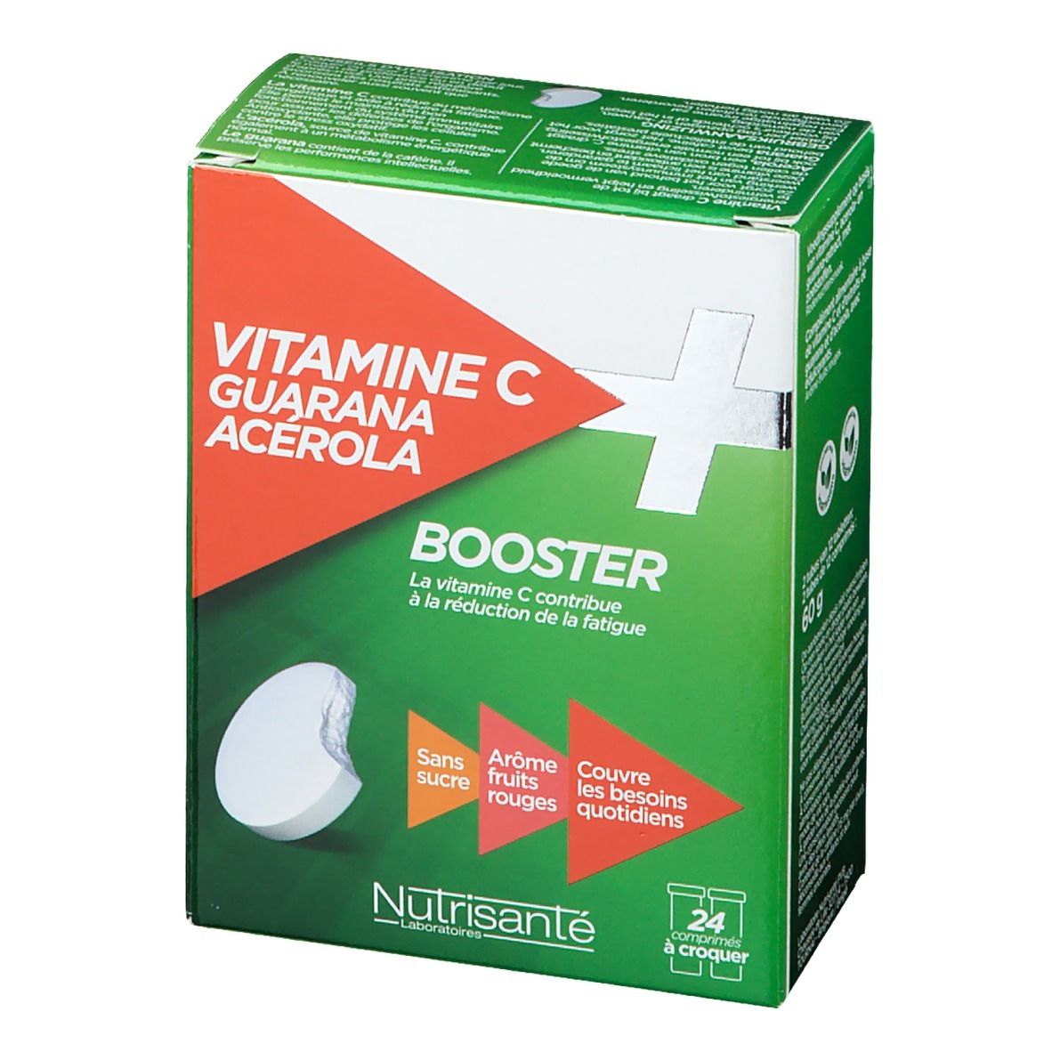 Boîte verte Vitamin C Booster. Contient 24 comprimés à croquer. Ingrédients : Vitamine C, Guarana, Acérola. 60g.