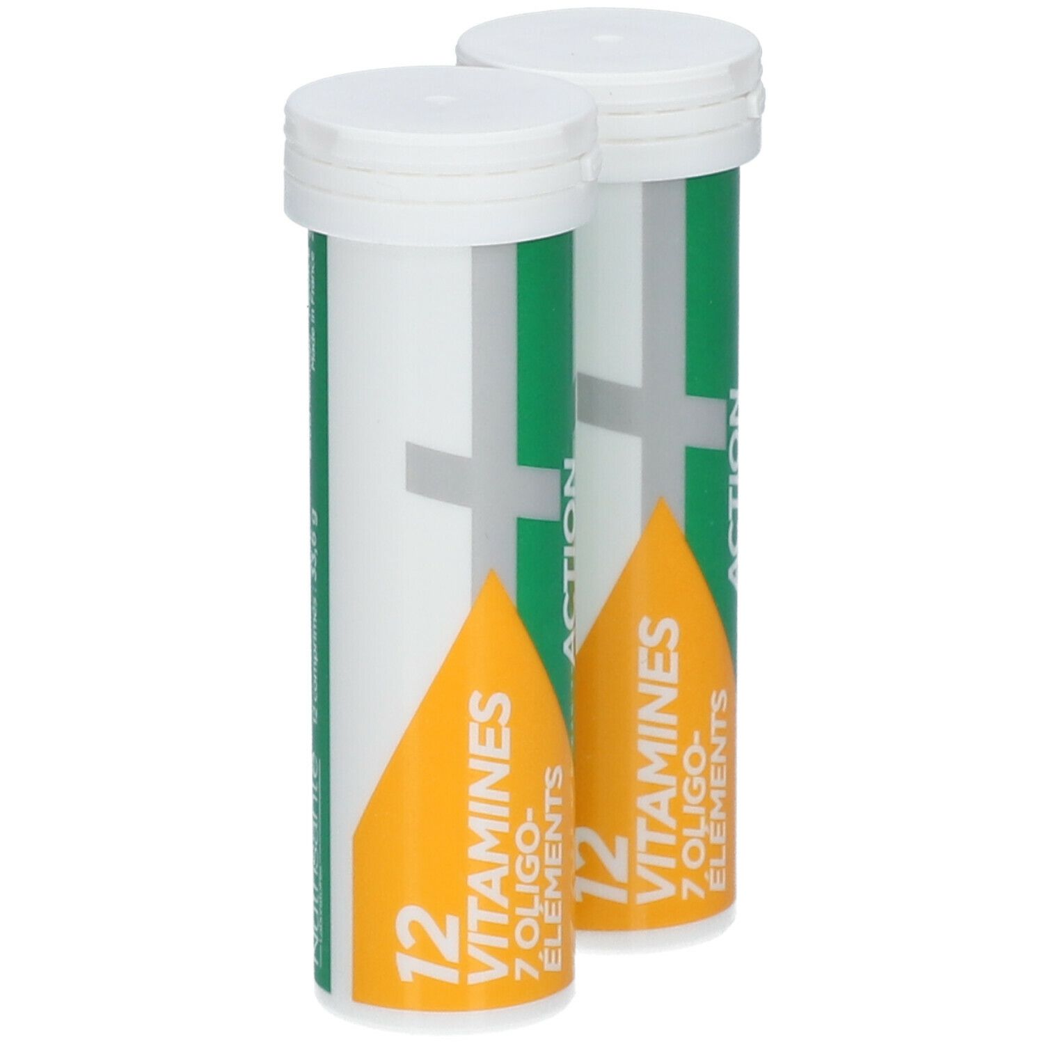 Deux tubes avec bouchons blancs. Inscription : 12 vitamines, 7 oligo-éléments. Design vert et blanc.