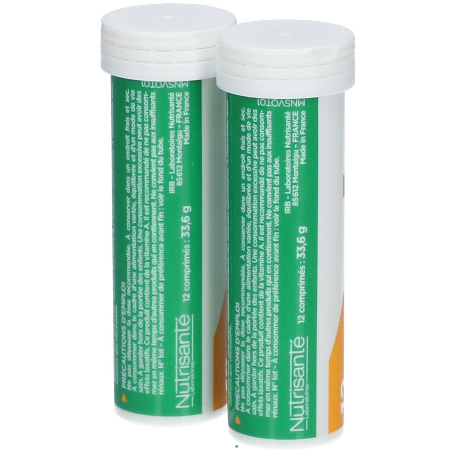 Deux tubes avec bouchons blancs. Inscription : Nutrisanté, 12 comprimés, 33,6 g. Design vert et blanc.