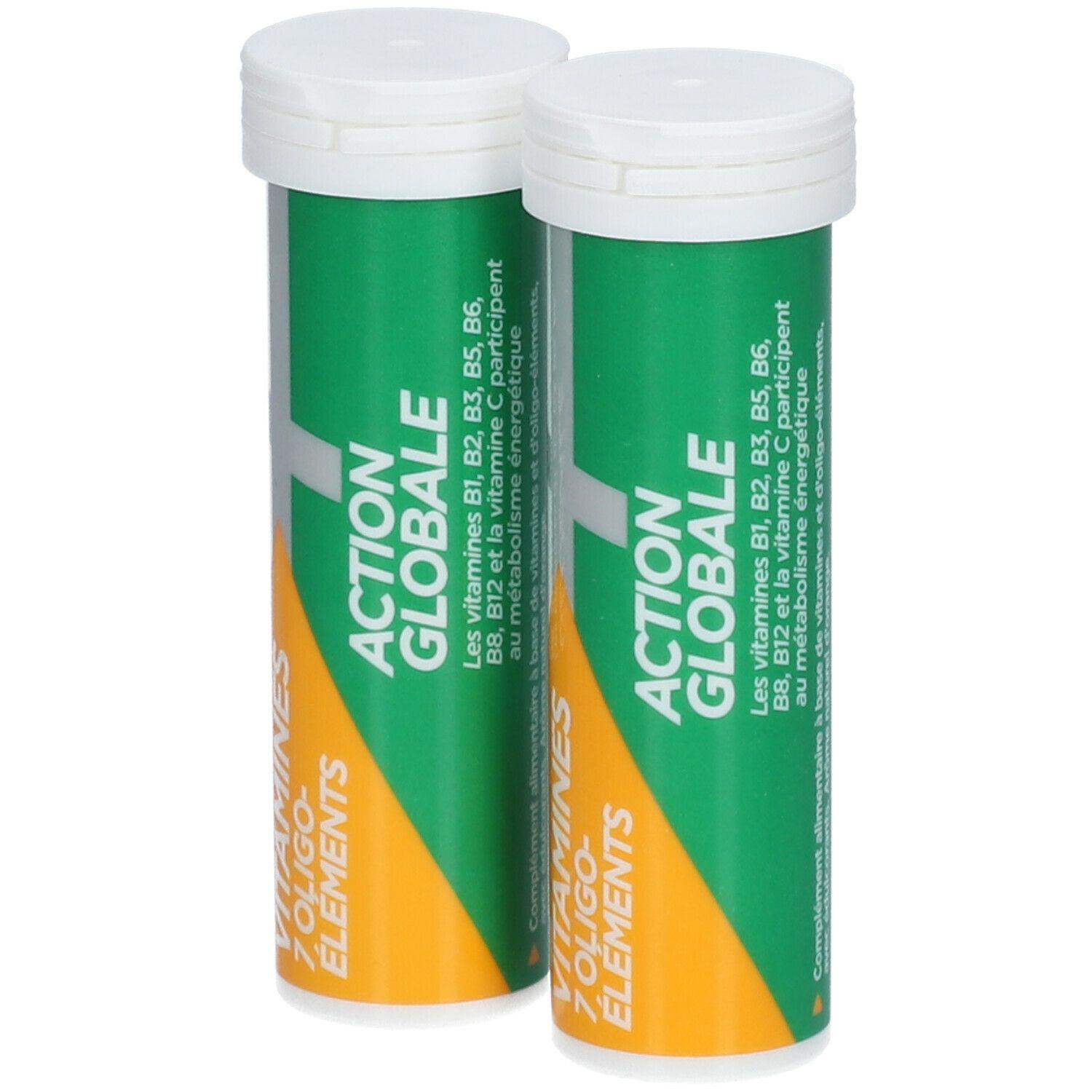 Deux tubes avec bouchons blancs. Inscription : Action Globale, 12 vitamines, 7 oligo-éléments. Design vert et blanc.