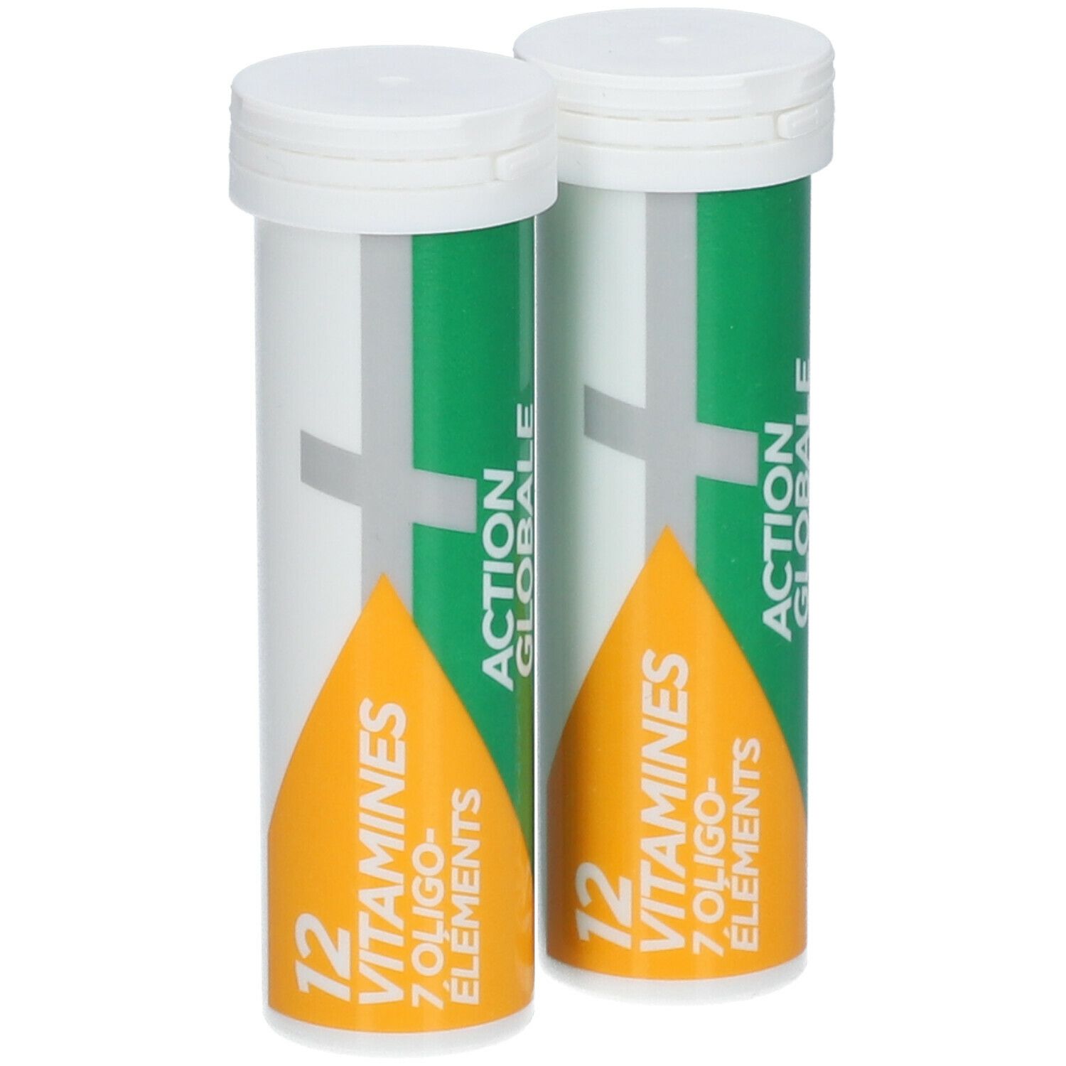 Deux tubes avec bouchons blancs. Inscription : Action Globale, 12 vitamines, 7 oligo-éléments. Design vert et blanc.