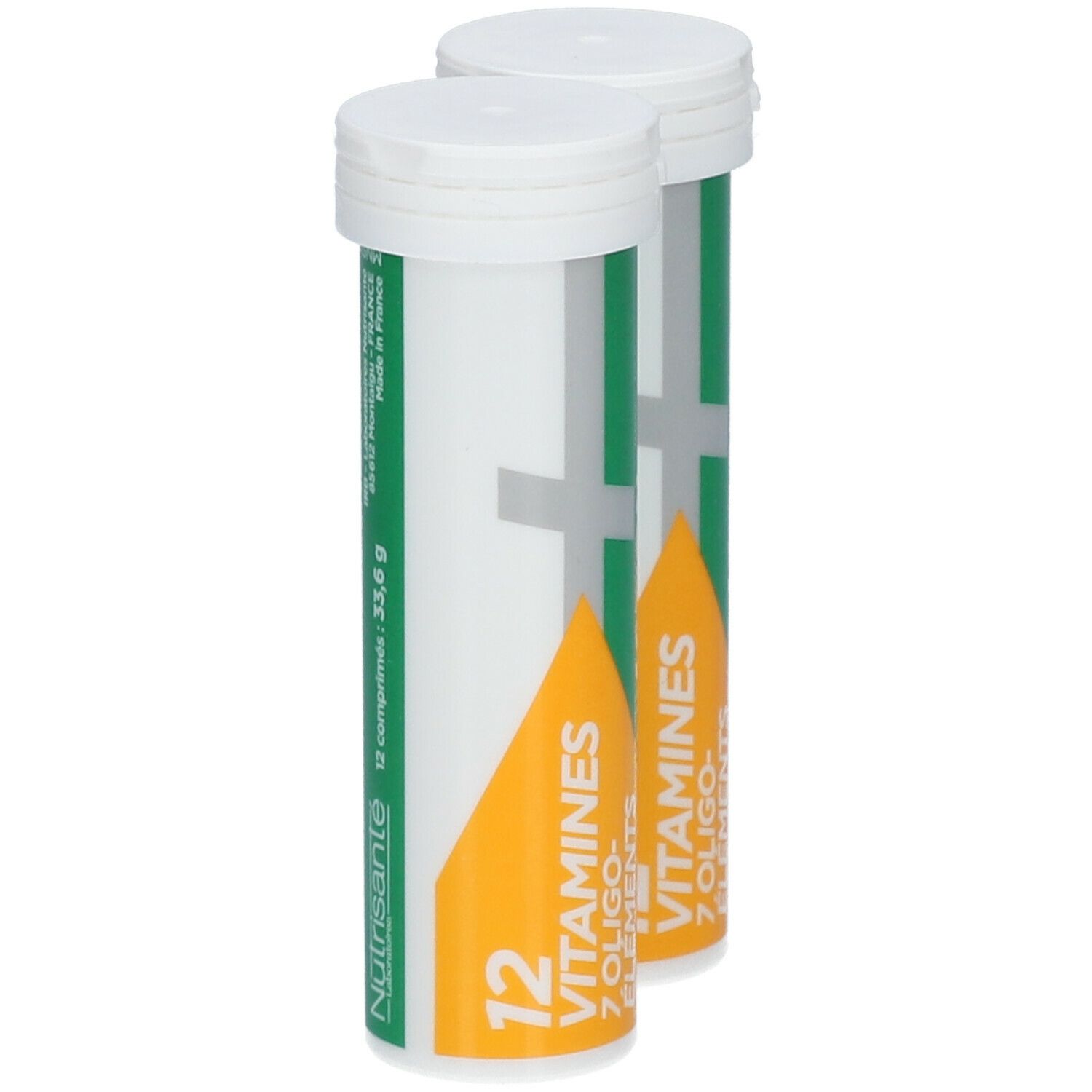 Deux tubes avec bouchons blancs. Inscription : Nutrisanté, 12 vitamines, 7 oligo-éléments. Design vert et blanc.