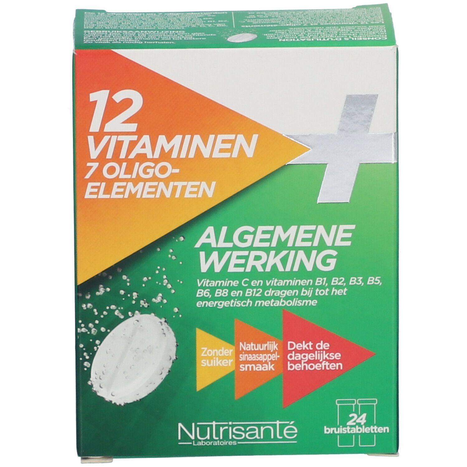 Boîte de comprimés. Inscription : 12 vitamines, 7 oligo-éléments, Algemene Werking. Design vert et blanc.
