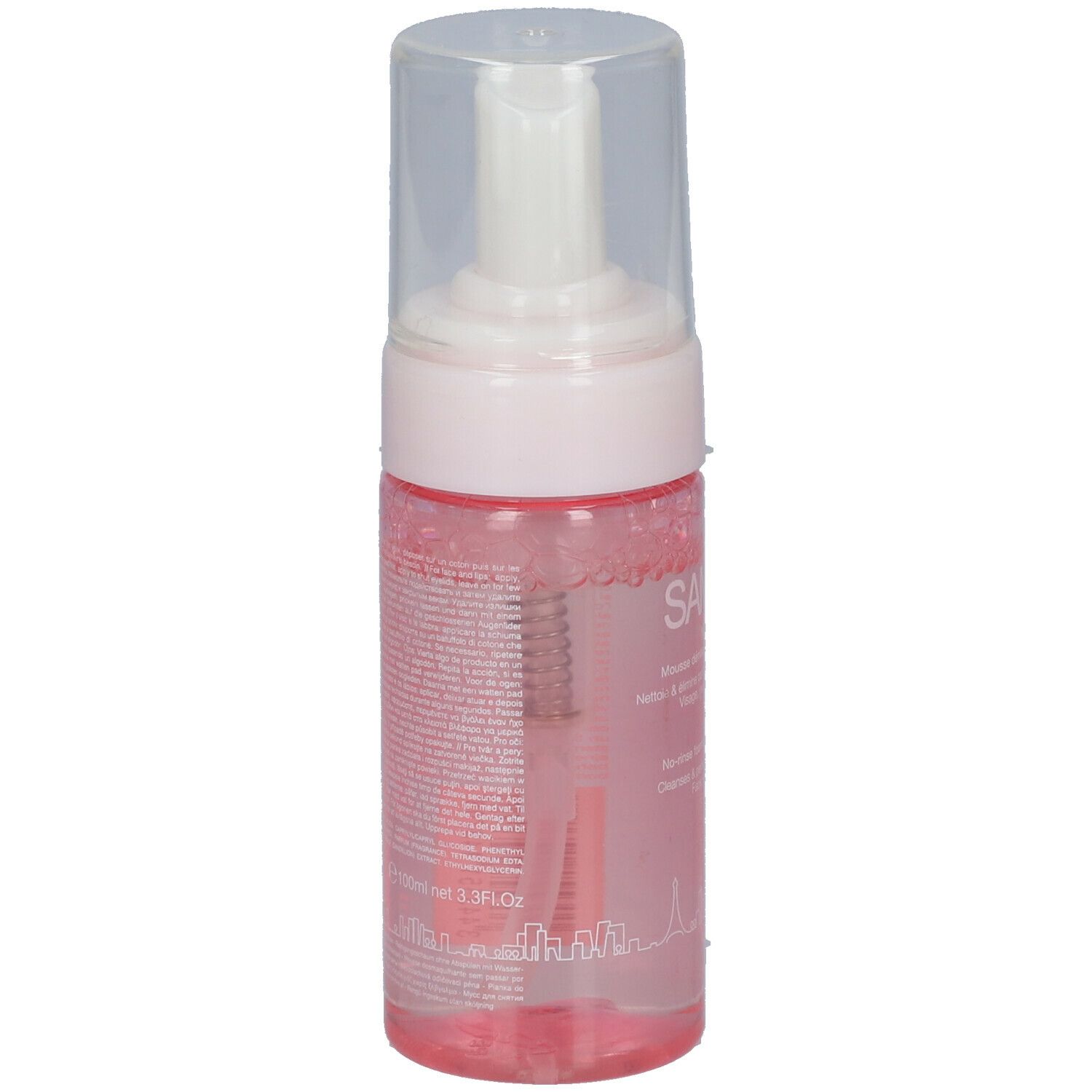 Rosa Flasche mit weißem Pumpspender. Aufschrift SAMPAR. Rückseite mit Text. Transparente Kappe. 100ml.