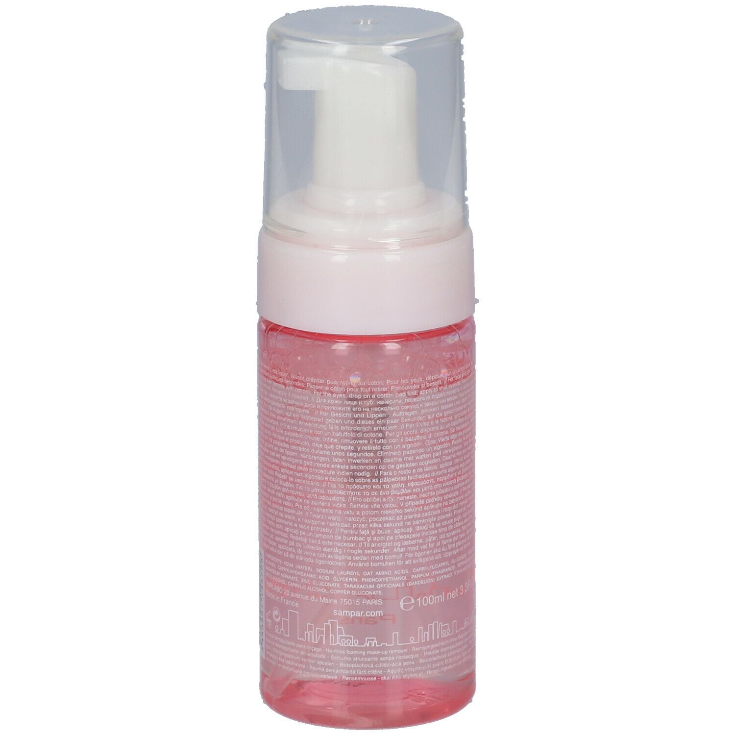 Rosa Flasche mit weißem Pumpspender. Rückseite mit Text. Transparente Kappe. 100ml.