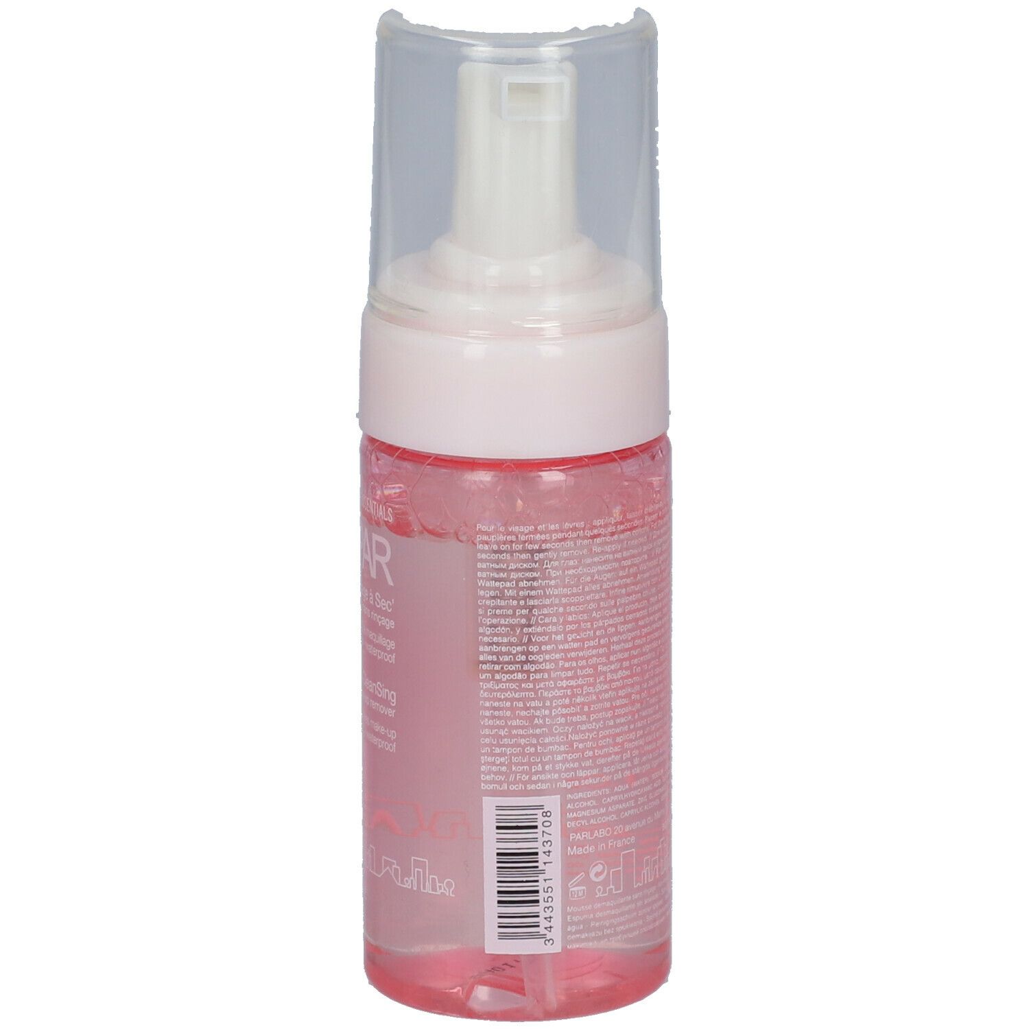 Rosa Flasche mit weißem Pumpspender. Rückseite mit Text. Transparente Kappe. Barcode.
