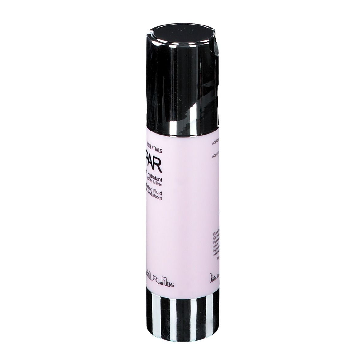 Flacon cylindrique avec pompe. Étiquette rose avec texte. Rayures noires et blanches à la base. Texte au dos.