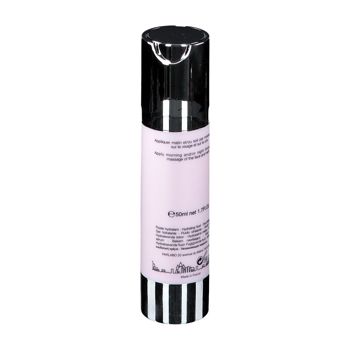 Flacon cylindrique avec pompe. Étiquette rose avec texte. Rayures noires et blanches à la base. Texte et volume au dos.
