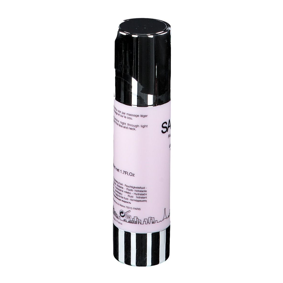 Flacon cylindrique avec pompe. Étiquette rose avec texte. Rayures noires et blanches à la base. Texte et volume au dos.