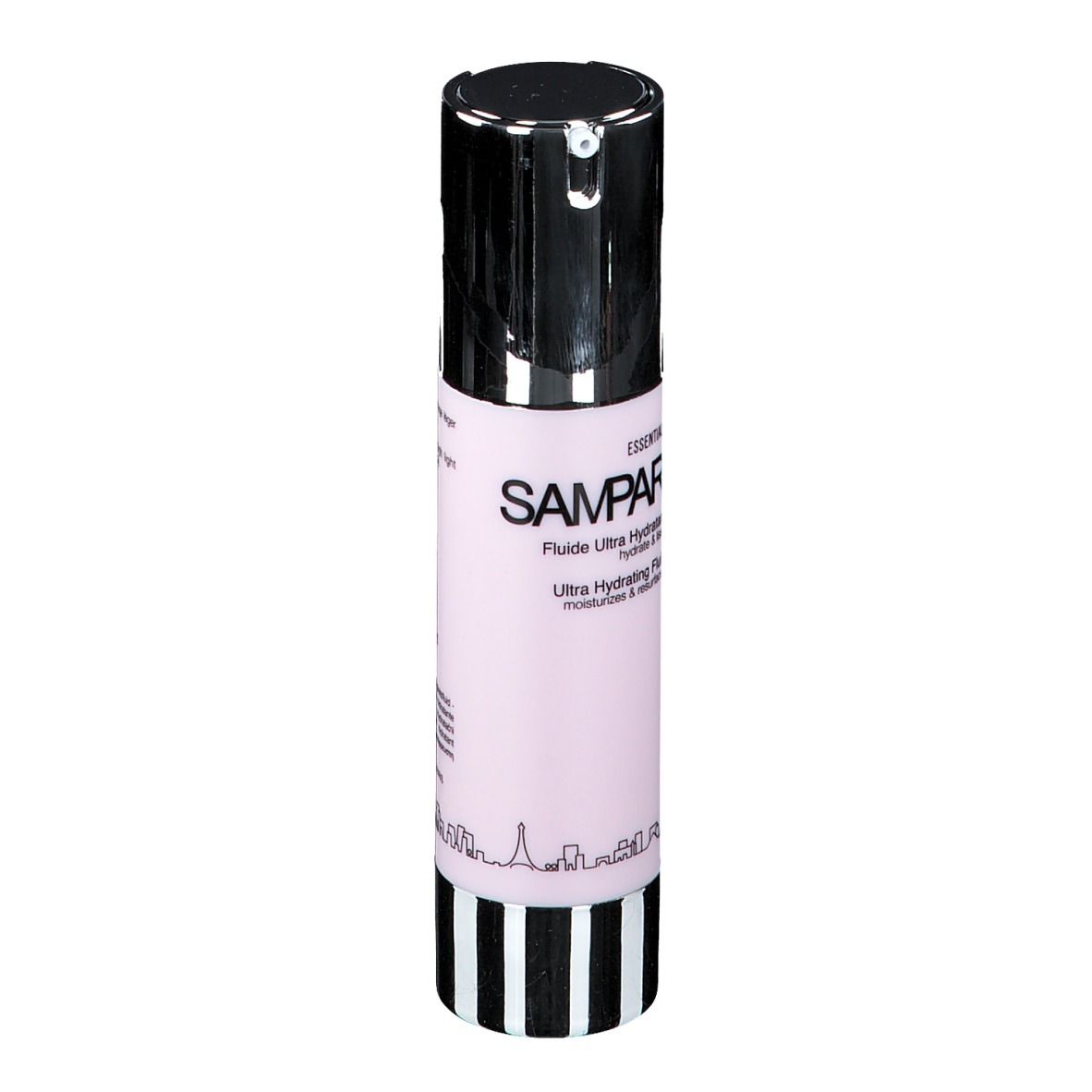 Flacon cylindrique avec pompe. Étiquette rose avec texte: SAMPAR Ultra Hydrating Fluid. Rayures noires et blanches à la base.