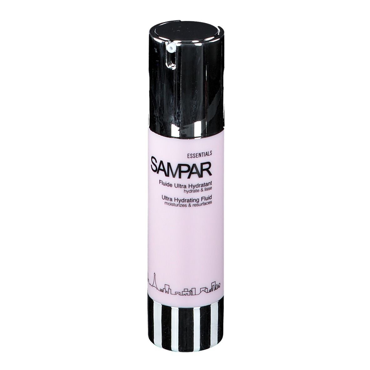 Flacon cylindrique avec pompe. Étiquette rose avec texte: SAMPAR Ultra Hydrating Fluid. Rayures noires et blanches à la base.