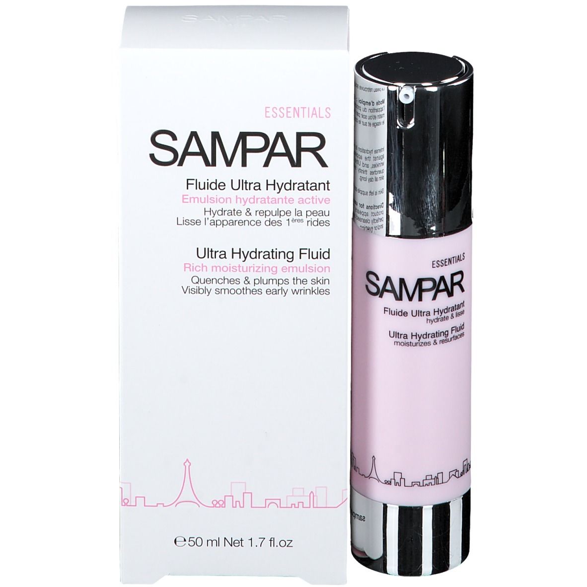 Emballage et flacon. Boîte blanche avec texte: SAMPAR Ultra Hydrating Fluid. Flacon cylindrique avec pompe.