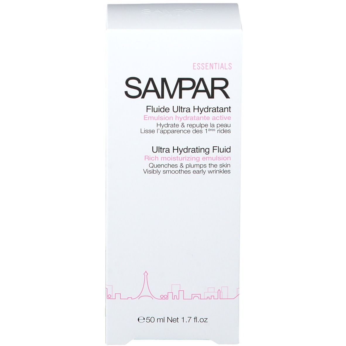 Emballage. Boîte blanche avec texte: SAMPAR Ultra Hydrating Fluid. Logo rose.