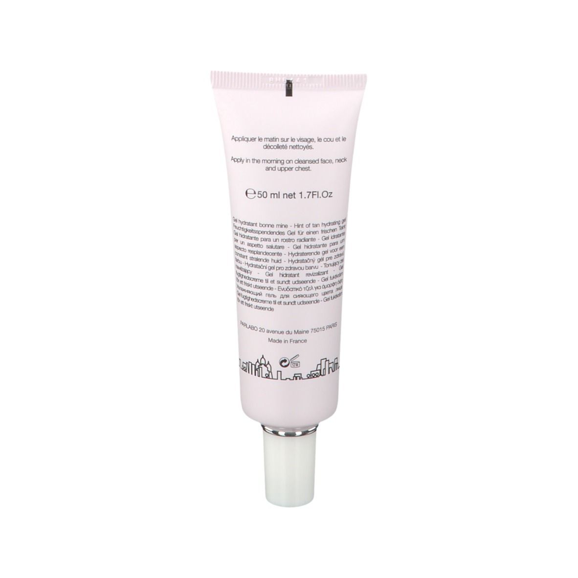 Rückseite der Tube. Text: Anwendungshinweise, Inhaltsangabe, E 50 ml net 1.7 Fl.oz. Illustration einer Skyline.