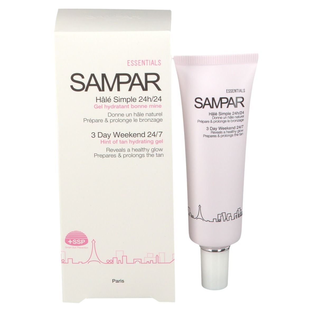Produktverpackung und Tube. Verpackung: weiß mit rosa Schrift. Tube: rosa mit weißem Verschluss. Text: SAMPAR, Hâle Simple 24/24, 3 Day Weekend 24/7.