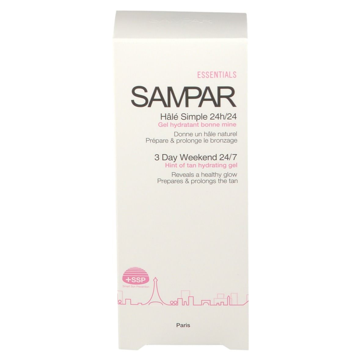 Weiße Produktverpackung. Text: SAMPAR, Hâle Simple 24/24, 3 Day Weekend 24/7. Rosa Logo und Skyline-Illustration. Paris.