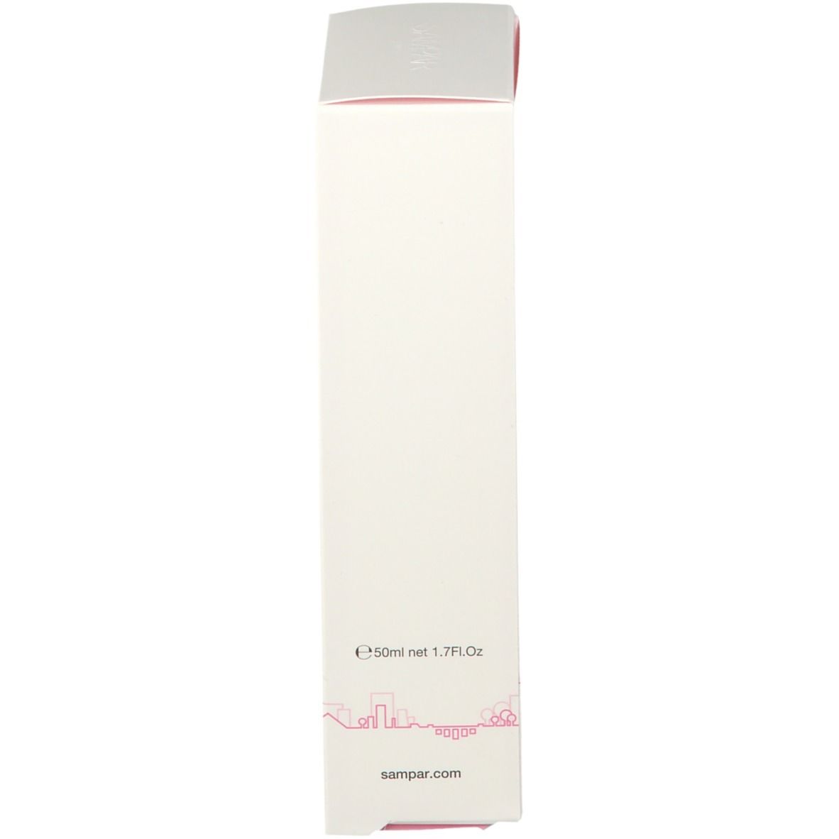 Schmale Seite der Produktverpackung. Text: E 50 ml net 1.7 Fl.oz. Illustration einer Skyline. Rosa Deckel.