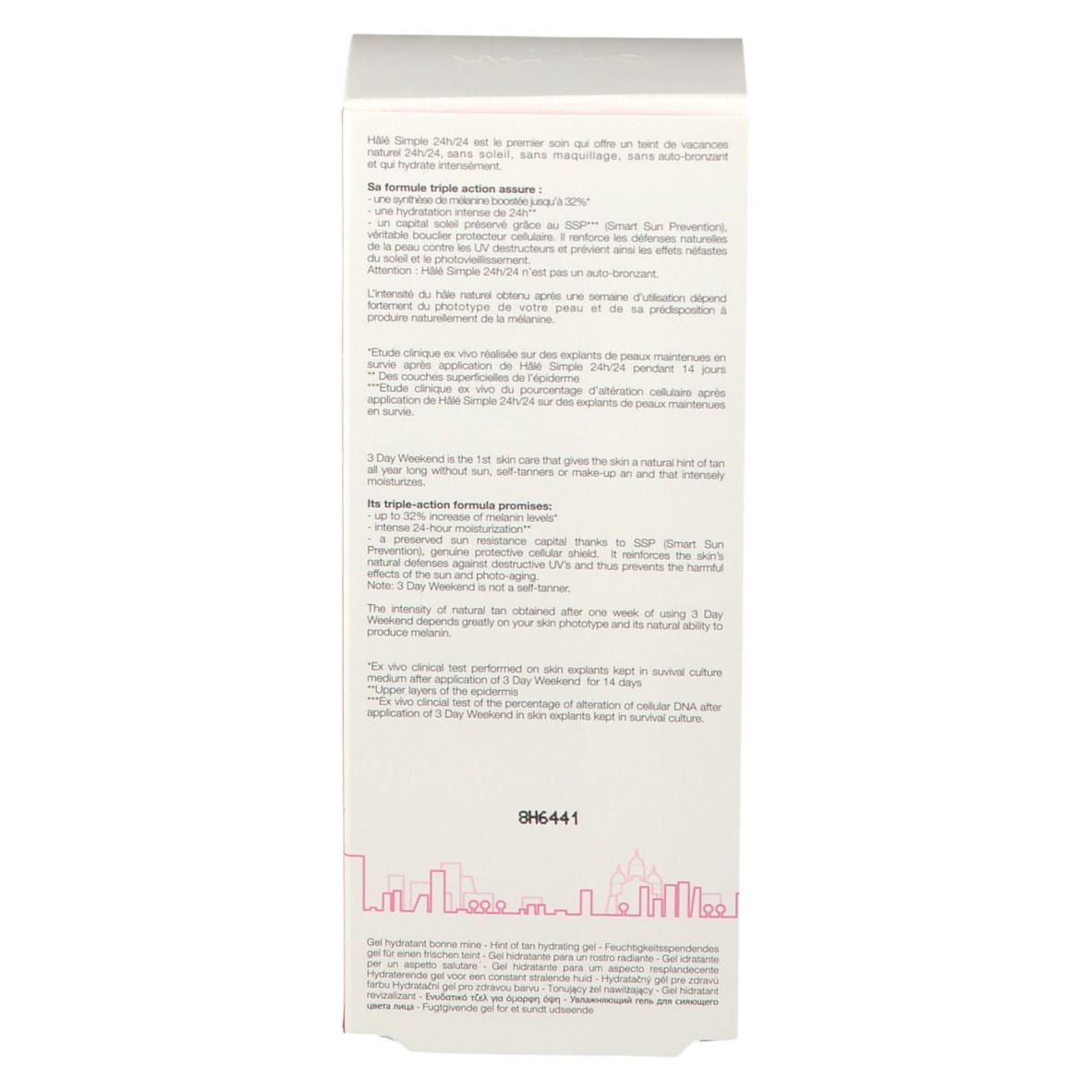 Rückseite der Produktverpackung. Text: Produktbeschreibung, Inhaltsstoffe, Anwendungshinweise. Illustration einer Skyline.