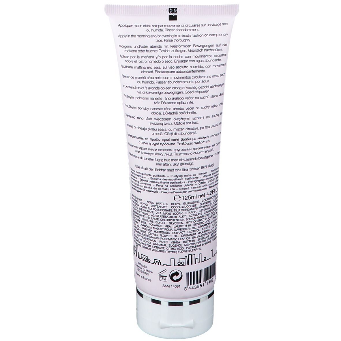 Rückseite der weißen Tube. Text in mehreren Sprachen. Inhaltsstoffe und Volumen von 125 ml sind angegeben.