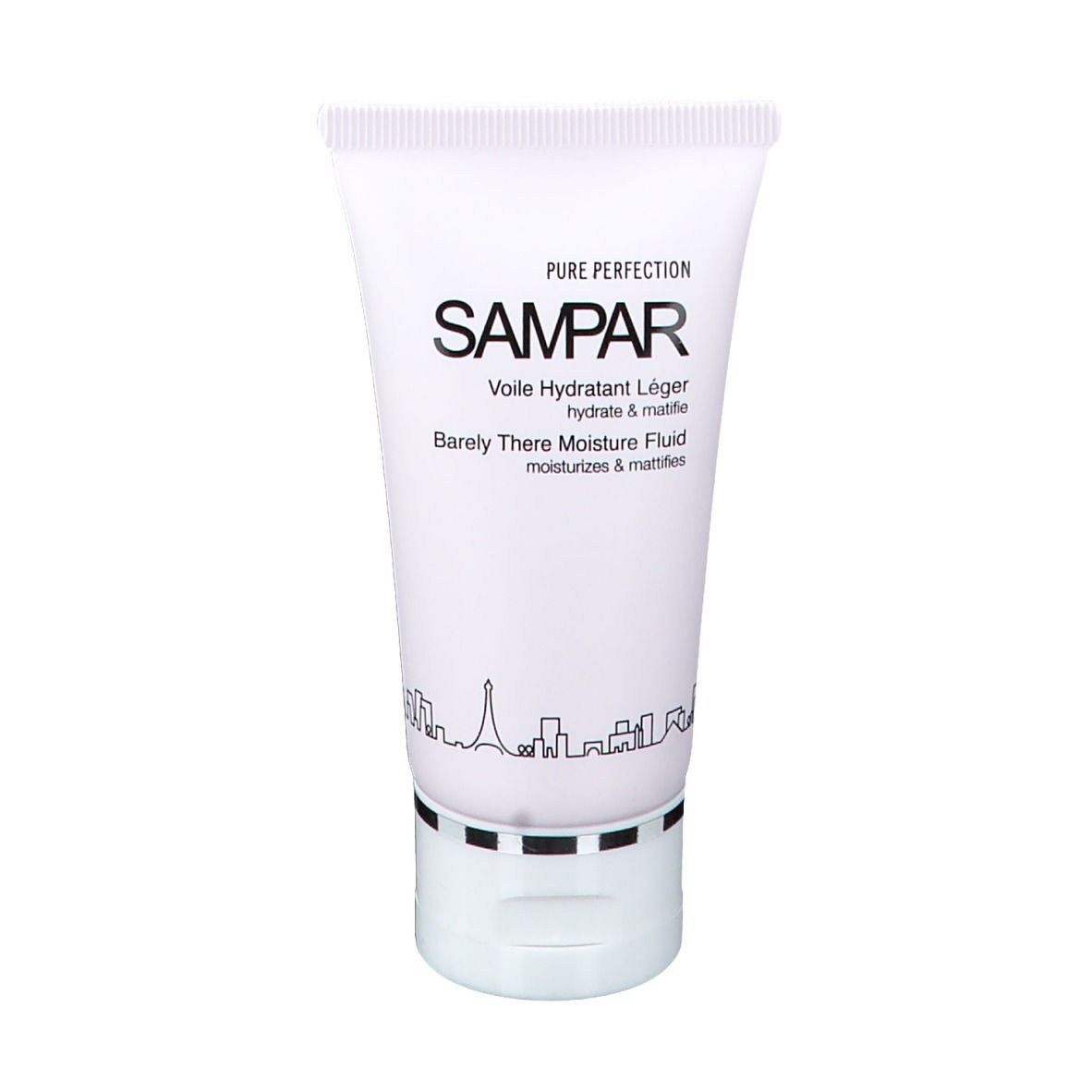 Tube blanche avec logo SAMPAR noir et nom du produit. Skyline en dessous.