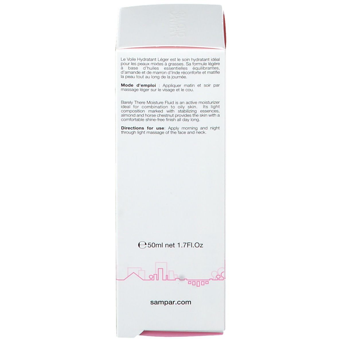 Boîte blanche avec texte. "e50ml 1.7Fl.Oz" en bas.