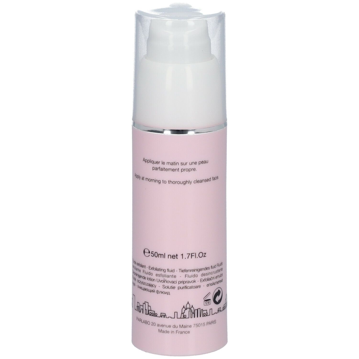 Dos du flacon rose avec texte. Inscription: e50ml net 1.7Fl.oz. Silhouette de ville en bas.
