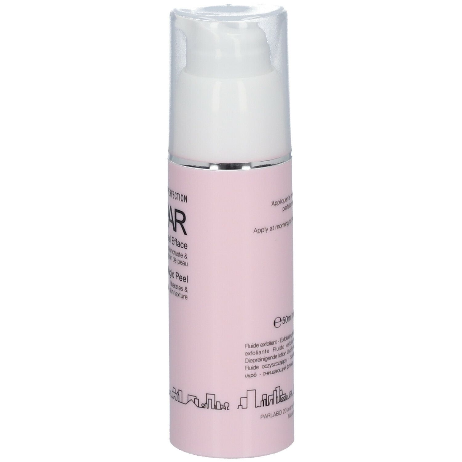 Flacon rose avec pompe blanche. Inscription SAMPAR Poreless Magic Peel. Silhouette de ville en bas.