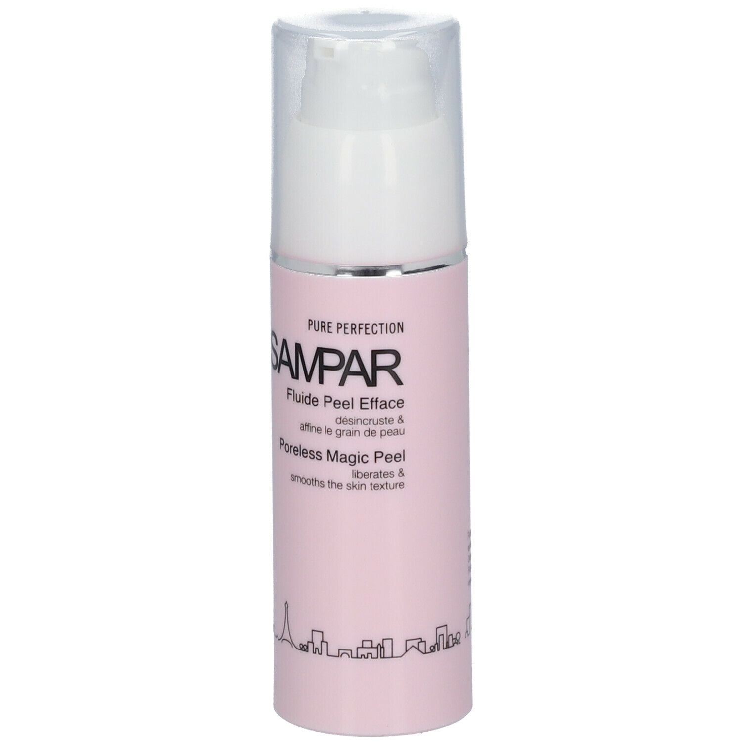 Flacon rose avec pompe blanche. Inscription SAMPAR Poreless Magic Peel. Silhouette de ville en bas.