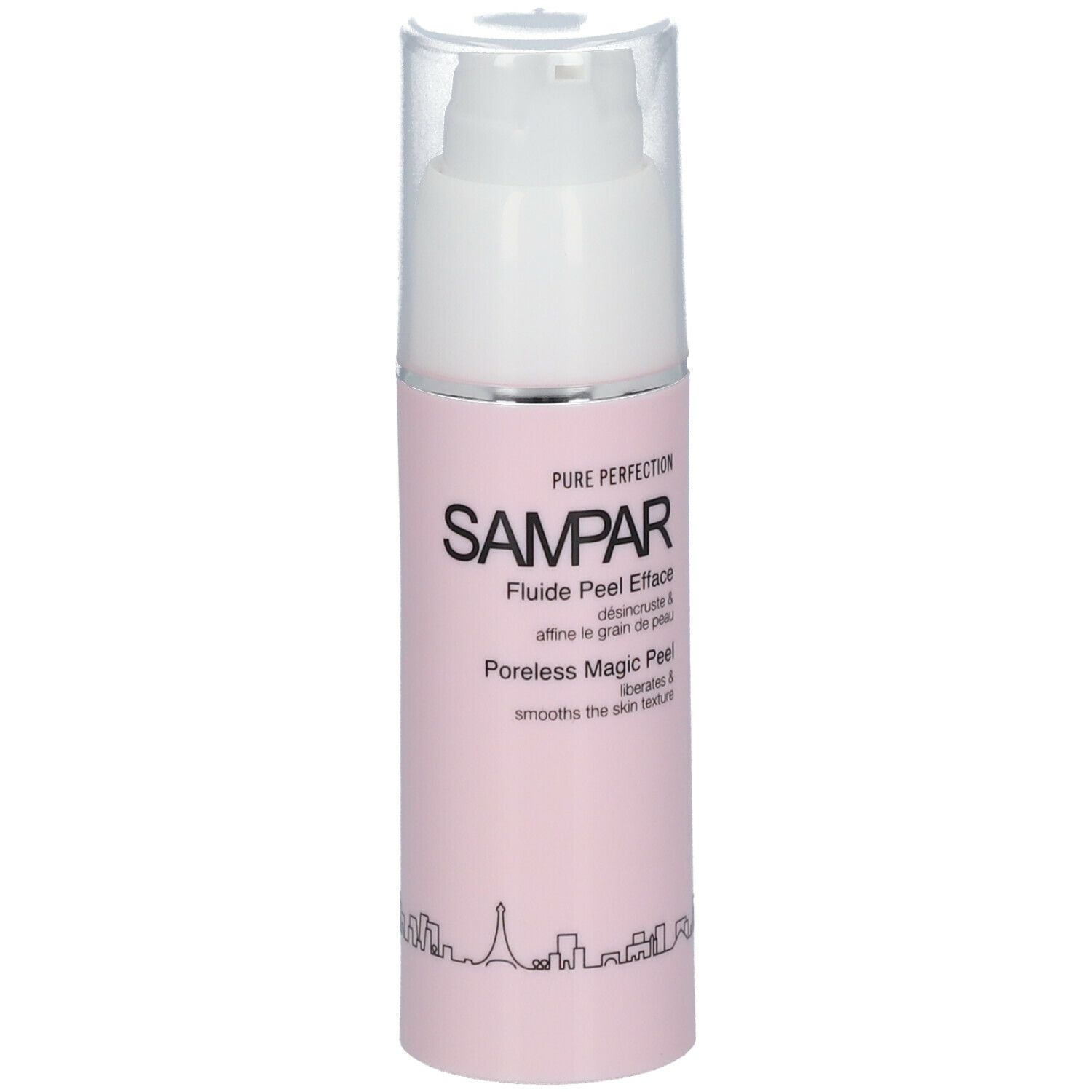 Flacon rose avec pompe blanche. Inscription SAMPAR Poreless Magic Peel. Silhouette de ville en bas.