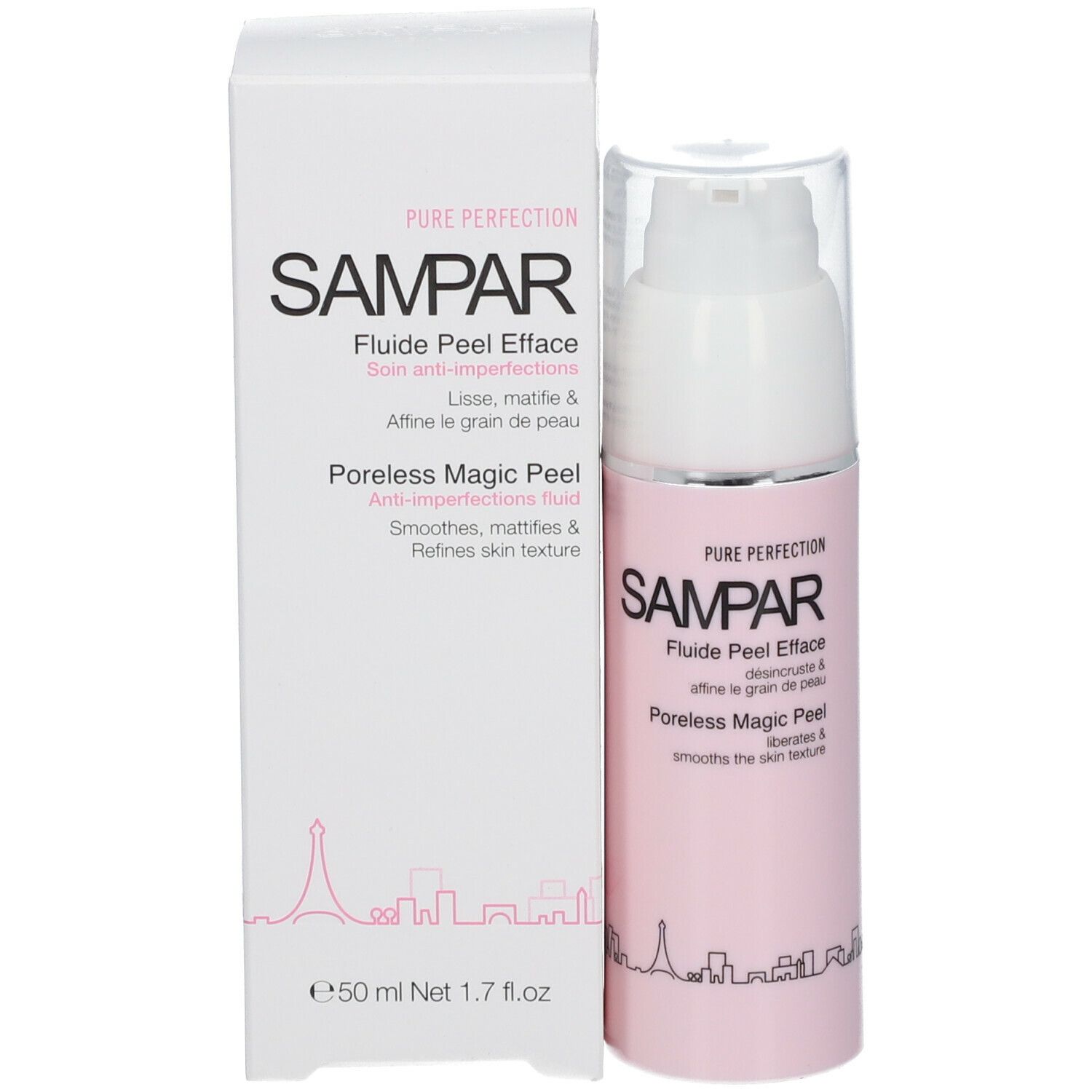 Flacon et emballage. Inscription SAMPAR Poreless Magic Peel. Emballage blanc.