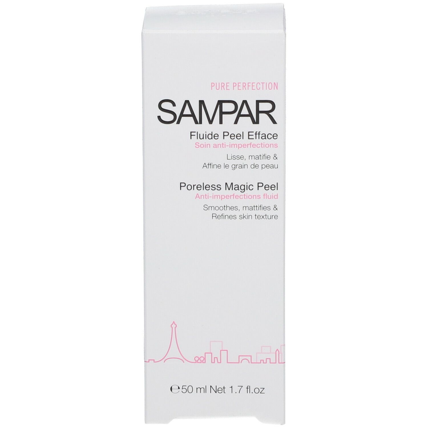 Emballage blanc avec inscription SAMPAR Poreless Magic Peel. Silhouette de ville en bas.