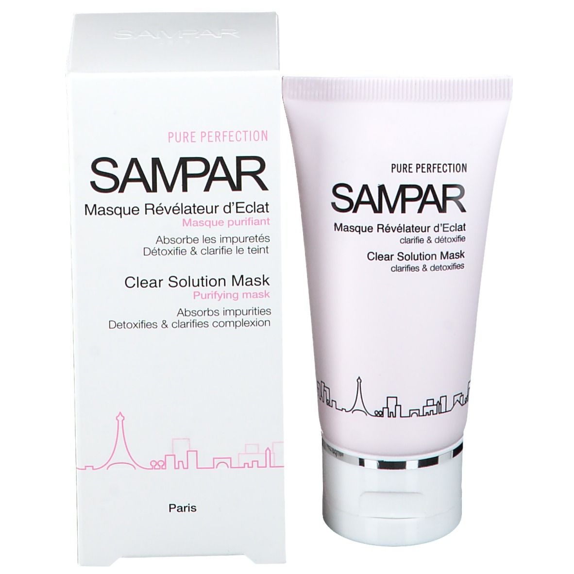 Emballage du produit. Tube et boîte. SAMPAR, Masque Révélateur d'Éclat, Clear Solution Mask. Logo Paris.