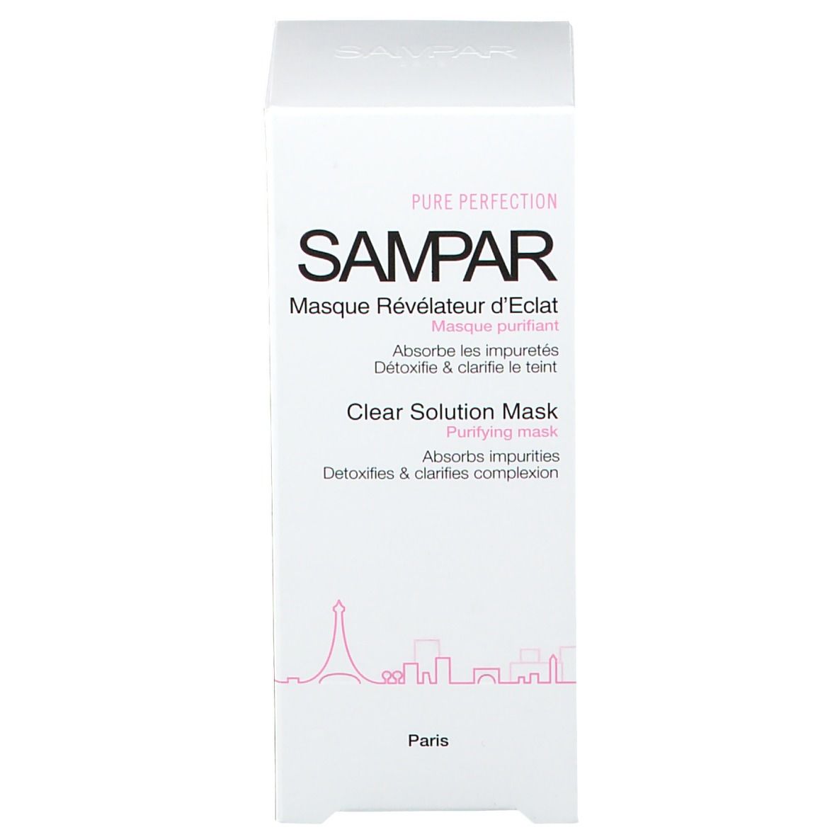 Emballage du produit. Boîte blanche. SAMPAR, Masque Révélateur d'Éclat, Clear Solution Mask. Logo Paris.
