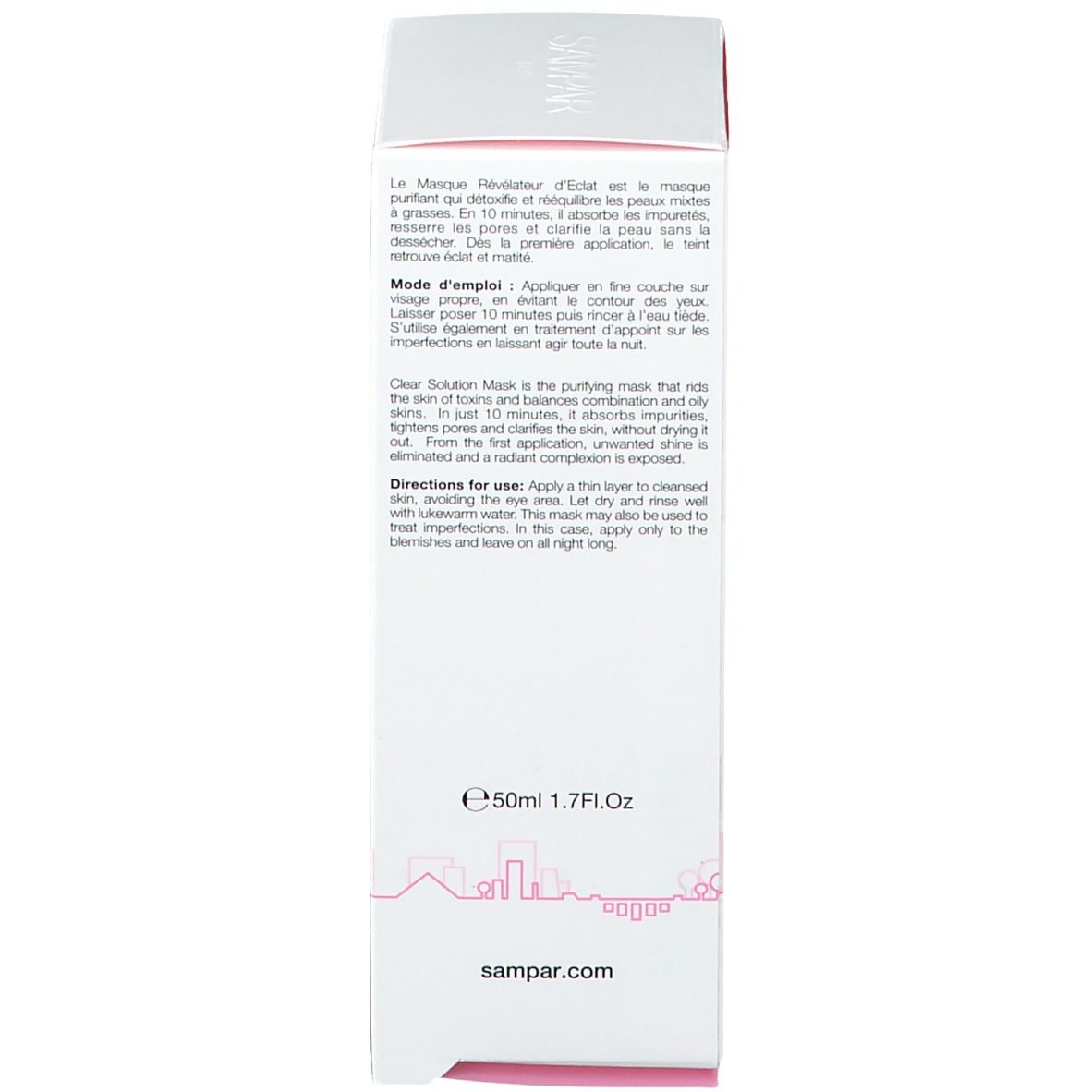 Dos de l'emballage du produit. Texte: instructions d'utilisation, E50ml 1.7Fl.Oz. sampar.com. Silhouette de ville.