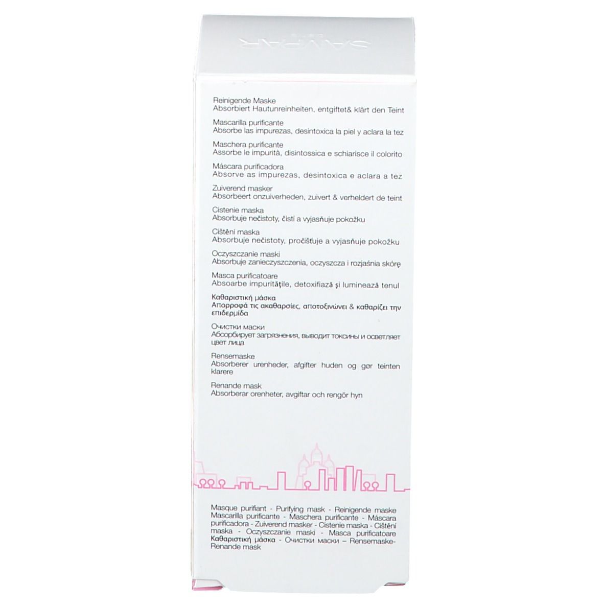Côté de l'emballage du produit. Texte multilingue. Masque purifiant, Reinigende maske, etc. Silhouette de ville.