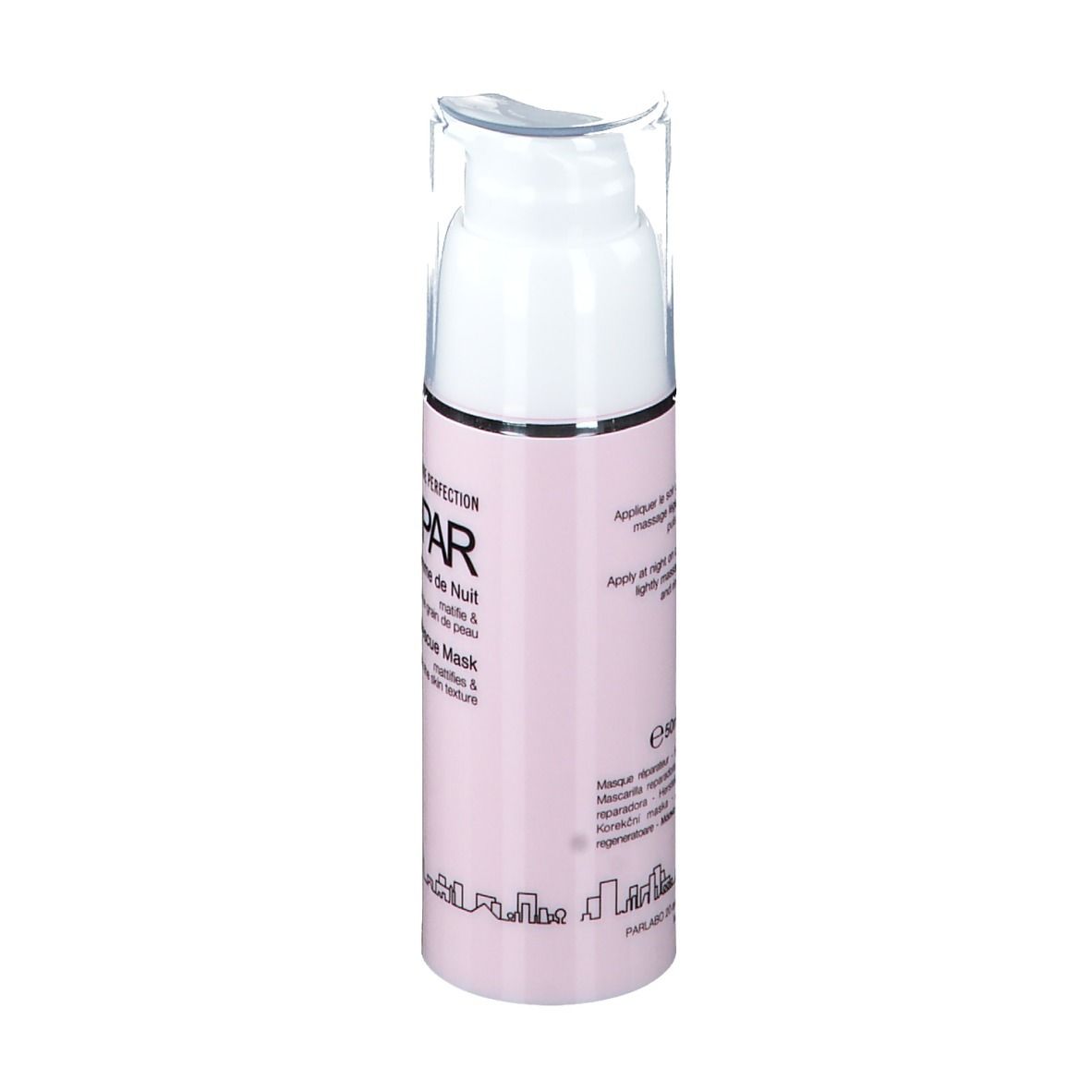 Rosa Flasche mit weißem Pumpkopf. Text: SAMPAR, Masque Gomme de Nuit, Nocturnal Rescue Mask. Rückseite mit Text.