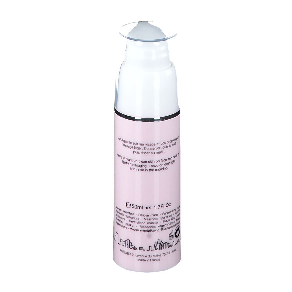 Rosa Flasche mit weißem Pumpkopf. Text: SAMPAR, Masque Gomme de Nuit, Nocturnal Rescue Mask. Rückseite mit Text.