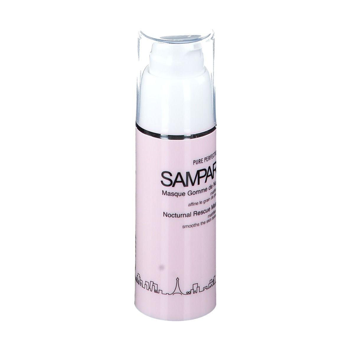 Rosa Flasche mit weißem Pumpkopf. Text: SAMPAR, Masque Gomme de Nuit, Nocturnal Rescue Mask. Schwarze Skyline.