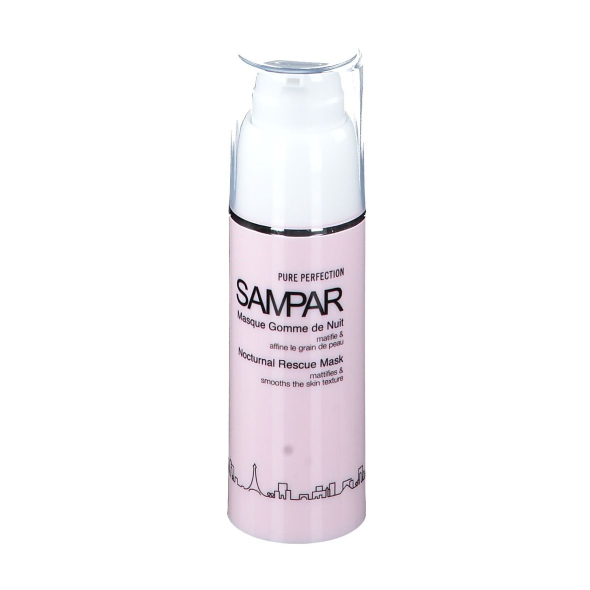 Rosa Flasche mit weißem Pumpkopf. Text: SAMPAR, Masque Gomme de Nuit, Nocturnal Rescue Mask. Schwarze Skyline.