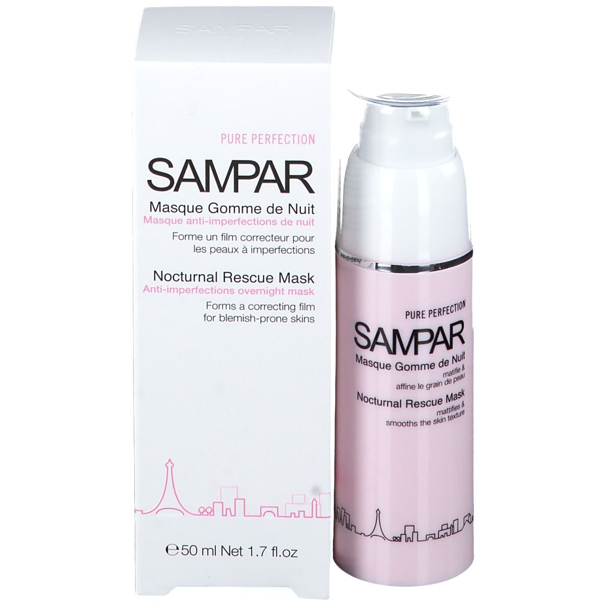 Produktflasche und Verpackung. Text: SAMPAR, Masque Gomme de Nuit, Nocturnal Rescue Mask. Weiße Verpackung.