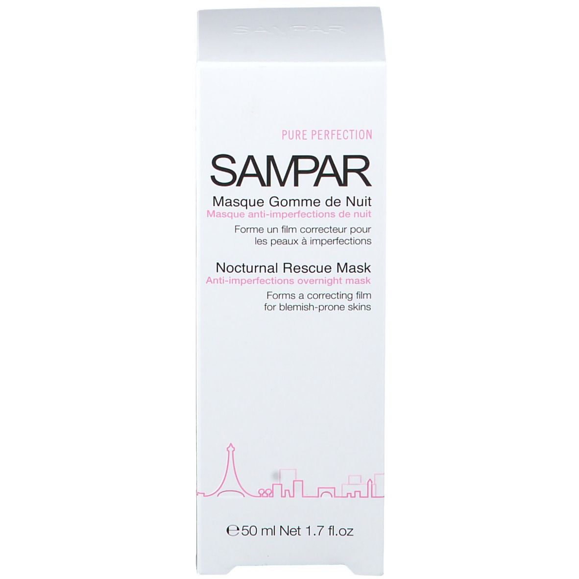 Weiße Verpackung. Text: SAMPAR, Masque Gomme de Nuit, Nocturnal Rescue Mask. Produktinformationen.